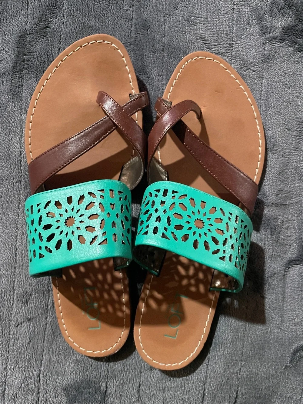 LOFT Women’s Brown & Teal Laser-Cut Slide Sandals